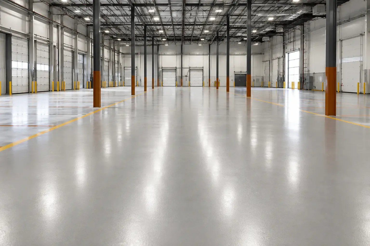 Empty warehouse with a high-gloss light-gray epoxy floor and yellow traffic striping between loading docks.
