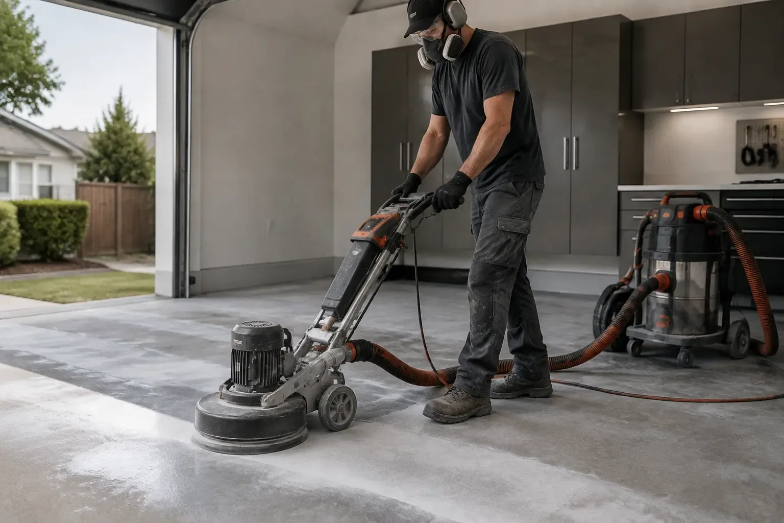 Installer in a respirator and safety glasses running a walk-behind diamond grinder with a dust extractor.