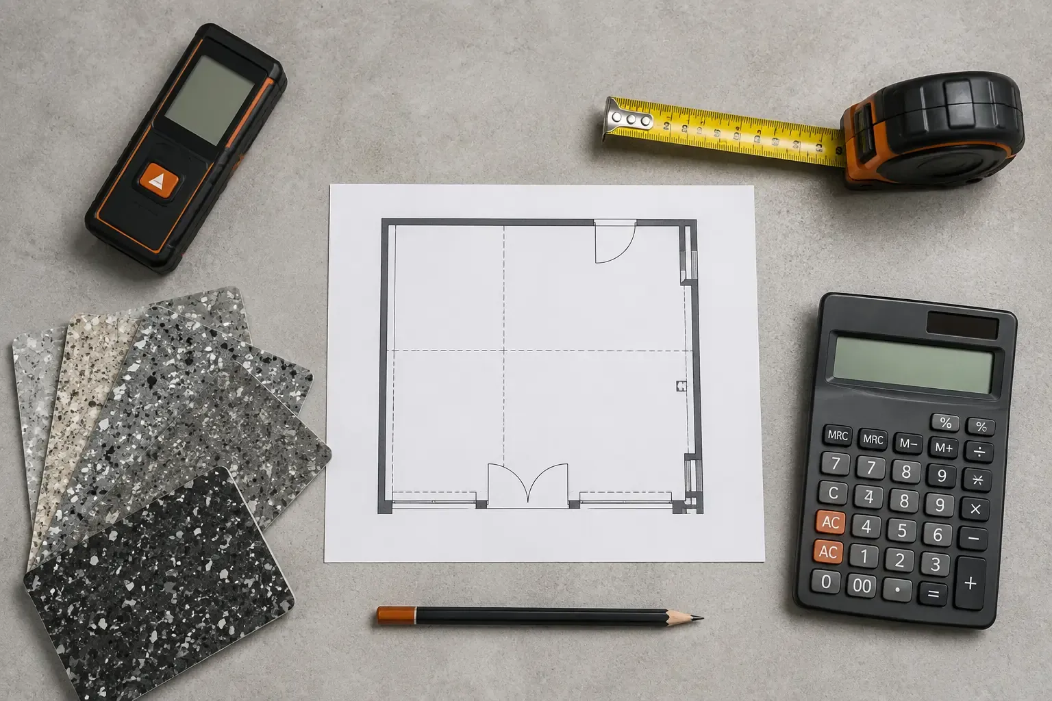 Garage floor plan with a laser measure, tape measure, calculator and flake color samples.
