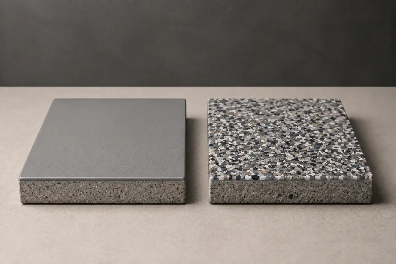 Two floor samples side by side: a smooth solid-gray slab and a gray, white, black and tan flake slab.