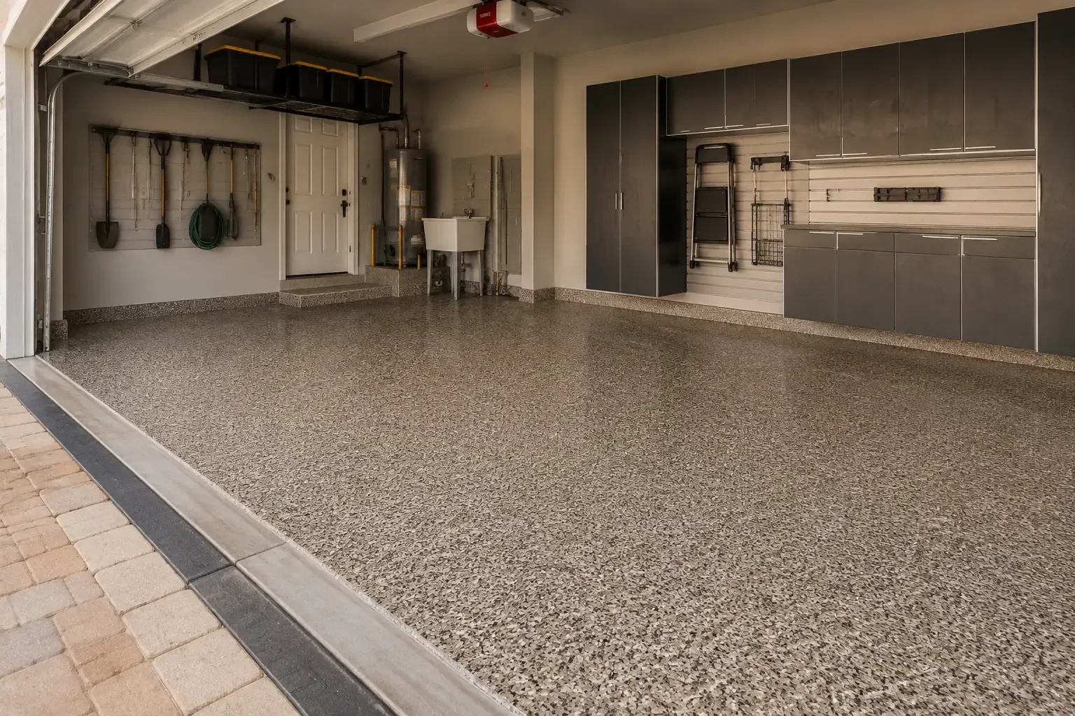 Example of a tan and cream flake garage floor with a matching cove base — Fontana, CA service area