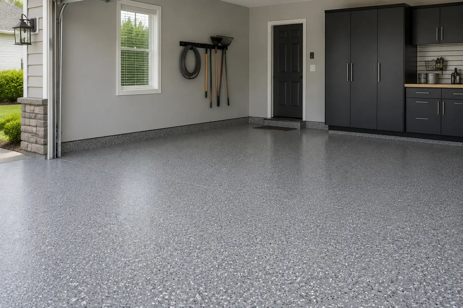 Residential garage with a gray, white and black decorative flake floor and dark storage cabinets.