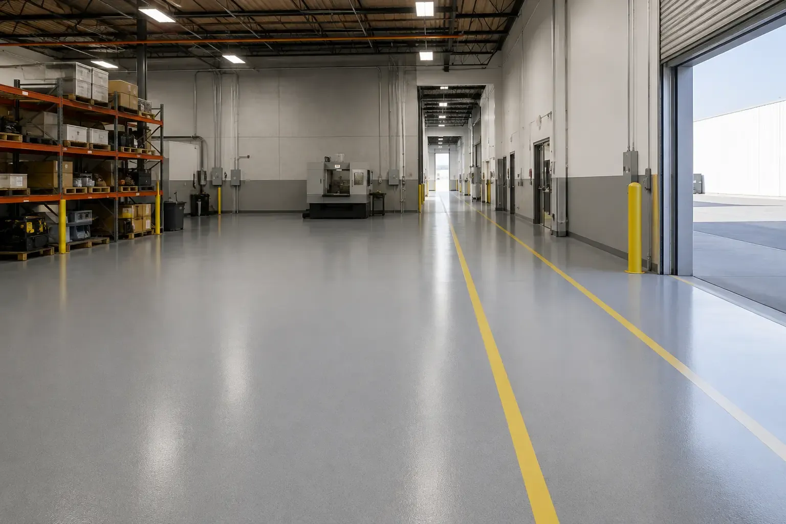 Example of a light-gray commercial epoxy floor with yellow safety striping — Ontario, CA service area