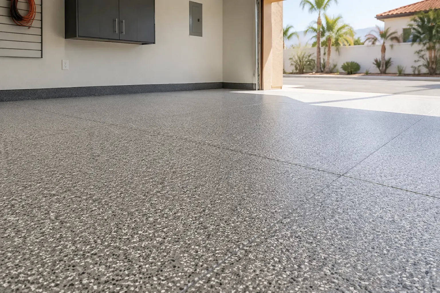 Gray flake garage floor with a satin polyaspartic topcoat, seen from floor level toward the open door.